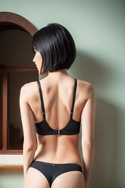 A beautiful woman with short black hair and underwear、Slender、Arched Back、Back Pose