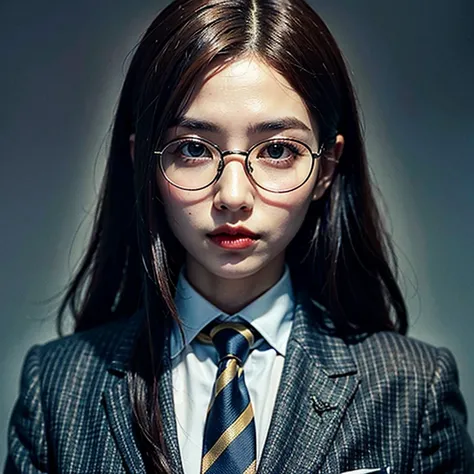 womans close up with bronze hair, black bottom half rim glasses, dress shirt with sky blue vertical stripes, navy tie, dark gray blazer.