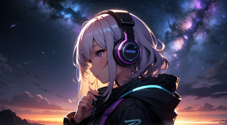 A girl wearing headphones、Looking up at the night sky with the vast purple-blue Milky Way galaxy visible beyond the horizon。.. Distant Photography. cinematic. wide angle. 4k.