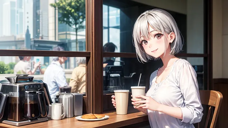 (original photo, best quality), (1 woman with silver short hair), chizuru techibana, natural lighting, upper body, cafes, smile,...