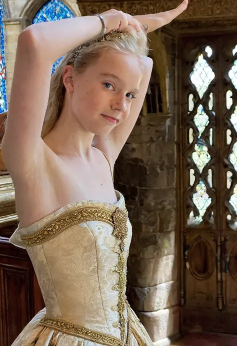 phone photo, natural look of 12 years old girl, wearing medieval strapless french dress, arms behind head, armpits, natural ligh...