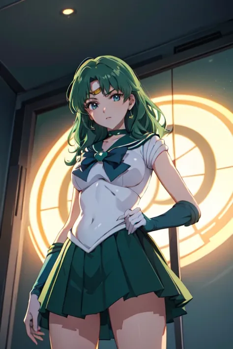 (sailor neptune, mature woman, small breasts, aqua eyes, dark green hair, medium hair)、（sailor moon outfit:1.3）、(upper body shot:1.2),(from below:2), (to lift up one’s skirt:1.5),1 girl, , Uhd, retina, masterpiece, Accurate, anatomically correct, rough ski...