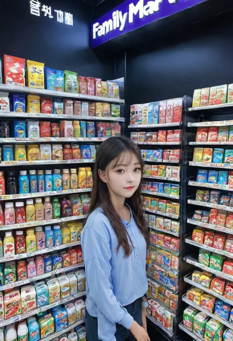 1girl, midnight convenience store, family mart, neon night page,vibrant city lights, dimly lit shelves full of snacks and drinks...