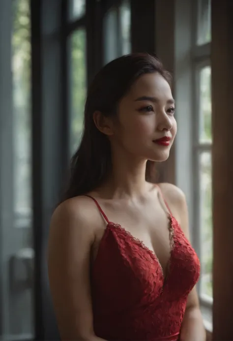 Hyperrealist real face malay  women standing at window look outside  dark background wearing red dress smile  silhouette low light  horror mode big breast topless 