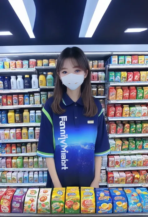 1girl, midnight convenience store, family mart, neon night page,vibrant city lights, dimly lit shelves full of snacks and drinks...