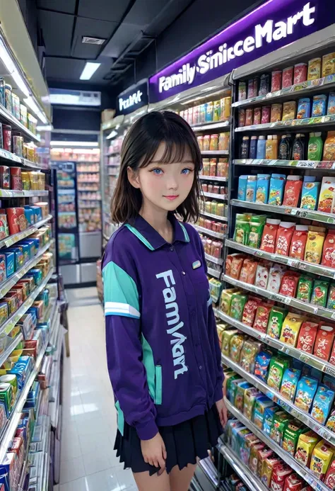 1girl, midnight convenience store, family mart, neon night page,vibrant city lights, dimly lit shelves full of snacks and drinks...