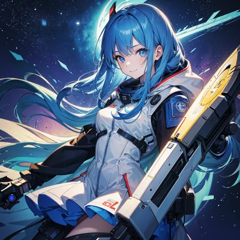 1 girl,eyes are constellations,blue hair,spaceship,spacesuit,long hair,upper body,smile