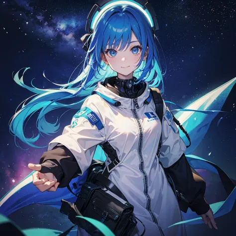 1 girl,eyes are constellations,blue hair,spaceship,spacesuit,long hair,upper body,smile