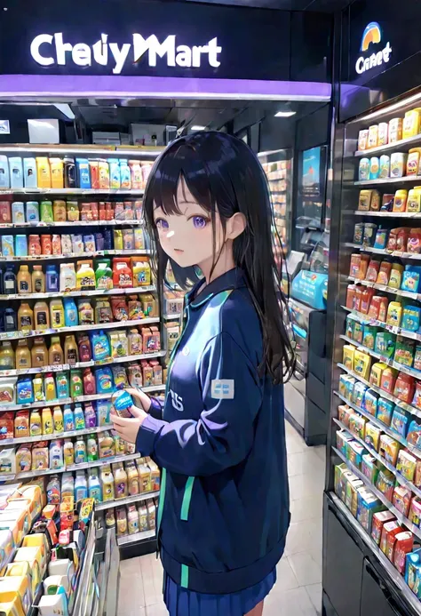 1girl, midnight convenience store, Family Mart, Neon Night page,vibrant city lights, dimly lit shelves full of snacks and drinks, a cashier with tired eyes, fluorescent lighting casting a soft glow, late-night customers browsing the aisles, flickering neon...