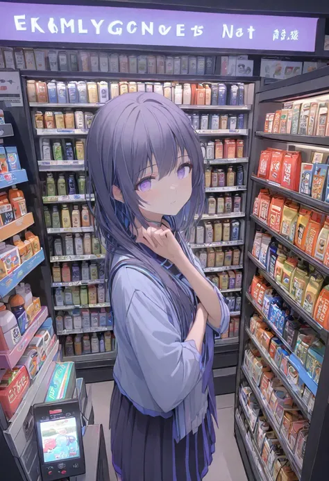 1girl, midnight convenience store, family mart, neon night page,vibrant city lights, dimly lit shelves full of snacks and drinks...