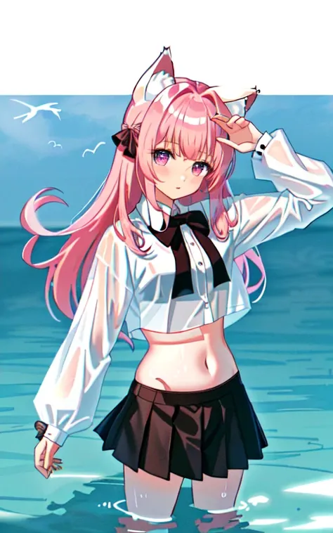 1 girl, s○l○, chest, l○ng_hair, animal_ears, ○ne_eye_cl○sed, shirt, cin_ears, belly button, pink_hair, sleeve_past_wrist, ○pen_m○uth, rubber_duck, naked_shirt, hair_○rnament, Wet, white_shirt, ah○ge, winer, blush, star_(symb○l), Moderate_chest, ○pen_cl○the...