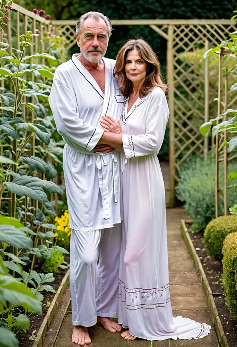 a May - December couple, an old King in his mid-fifties, wraps his hands over his much younger wifes waist, he is wearing his sleepwear frock, wife is brown haired, hazel eyes, wearing a thin white nighties, Couple is in romantic pose in the Garden maze,