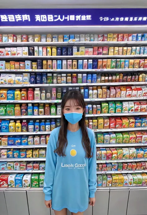 1girl, midnight convenience store, family mart, neon night page,vibrant city lights, dimly lit shelves full of snacks and drinks...