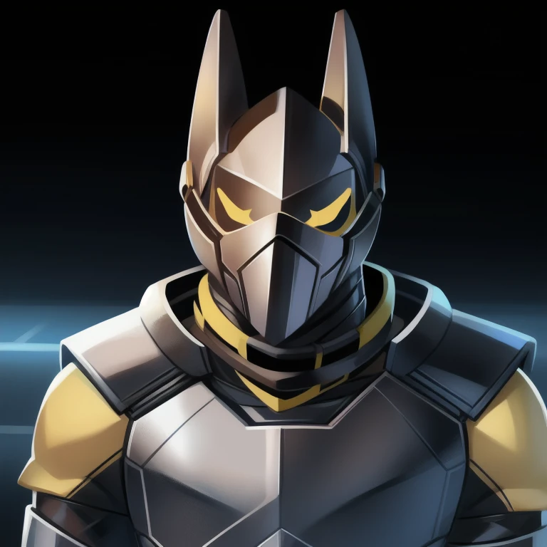 solo, male, rabbit, yellow colored fur, lean body, anthropomorphic rabbit, metal armor around neck that covers mouth, black armor, sci-fi black armor, white sharp smile drawn on lower mask, 