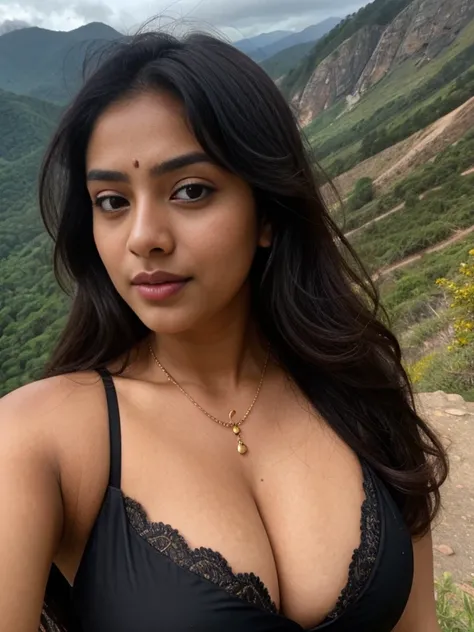 top view selfie, close up photo of Tamil girl, hourglass figure, 36D, armpits, seducing on mountains, long black hair, necklace, sultry, look at viewer, bright yellow bra and saree, (cinematic:1.6), intricate details, HDR