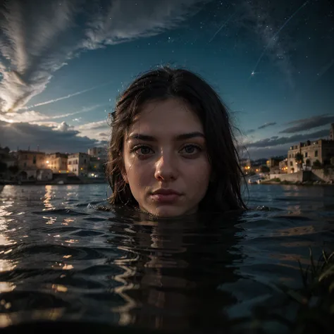 a giant eye emerges from the waters of a lake in town of Matera, (sassi_di_matera). reflection in the water is a real sight. The eye emerges from the waters during a starry night, high quality, realistic lighting, center of the picture, (a giant eye is ref...