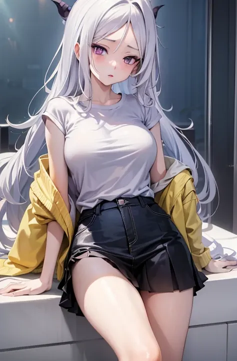 1girl, hina sorasaki, white hair, purple eyes, forehead, narrow waist, sexy, skinny, cute, pussy, t-shirt