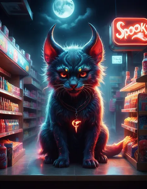 (1Cute Devil Clerk)，(Spooky midnight convenience store:1.6)，Arrange the goods，Thick fog pervades，Neon lights，Detailed convenience store interior，Mood lighting，Gloomy tones，dramatic shadows，Demon traits，Long claws，fangs，glowing eyes，shabby clothes，Stand beh...