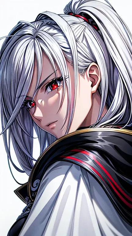 (masterpiece, best quality, ultra-detailed, highres, illustration:0.8), extremely detailed wallpaper, official art, amazing, high detail, ultra-detailed, extremely detailed 8k wallpaper,closed full body, bright silver hair, red eyes with slit pupils, (whit...