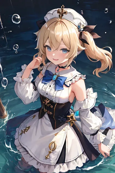 barbara,genshin impact,blonde short hair,twintails,wavy hair,white dress,ribbon,tube top,frills,blue eyes,small breasts,cocktail...