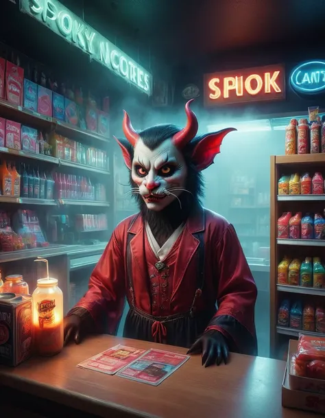 (1Cute Devil Clerk), (Spooky midnight convenience store:1.6), Arrange the goods, Thick fog pervades, Neon lights, Detailed convenience store interior, Mood lighting, Gloomy tones, dramatic shadows, Demon traits, Long claws, fangs, glowing eyes, shabby clot...