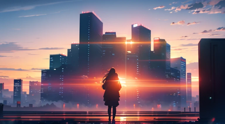 octane number, Red sunset, star (null), scenery, starnull, night, 1 girl,silhouette, wearing headphones,nightnull, alone, outdoor, building, cloud, milky way, sit down,nullを見上げている, wood, long hair, city, run away,