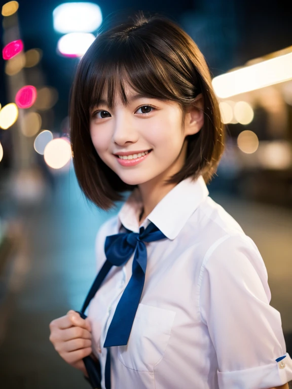 Woman Are standing On The Side Of The Street、young asian woman、beautiful woman pictures、japanese model、with a beautiful young woman、60mm Portrait、color photo portrait 4k、soft portrait shot 8k、15 year old girl、smile、(8K、Raw photo、highest quality、masterpiece...