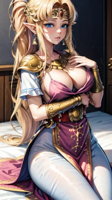 princess zelda, 2 women, blue eyes, one of them blonde very long hair wearing a sexy pink dress with side slit, the other one ponytail wearing a blue arabian outfit, ultrasharp, looking at the viewer, ((best quality)), ((masterpiece)), (detailed), perfect ...