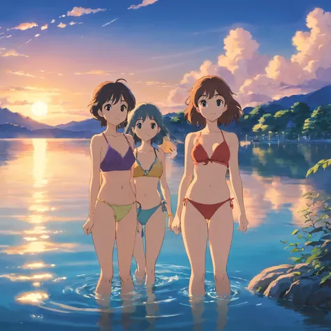 3 girls, flat breast, bikini, lake water, clear water, evening sky