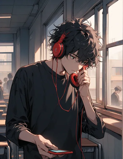 one man, black eye, black hair, short hair with bangs, messy hair, Wearing a black shirt and black pants, , Playing on the phone, Standing near the window, classroom, red headphones, concentrated, beautiful hands, Gentle tones