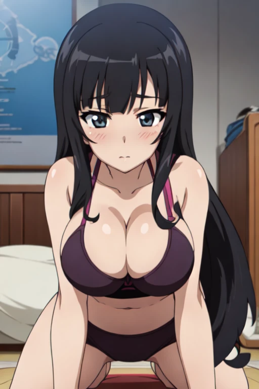 (anime cels style, masterpiece, best quality, high resolution, megami magazine, anime poster style, sharp, 8k), (beautiful eyes:1.2), nishizumi_shiho, 1girl, black hair, long hair, black eyes, blush, (natural large breast), (lose sportbra:1.5), (doggystyle...