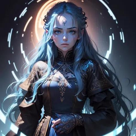 (((full medium shot))), (Masterpiece, best quality, ultra-detailed:1.3), (nice hands, perfect hands), official art, cinematic light, (1girl:1.3), adult, solo, long hair, looking at viewer, blue eyes, closed mouth, blue hair, lips, tattoo, glowing, (((blue ...