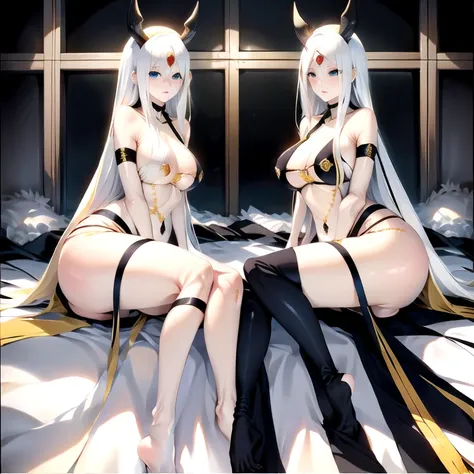 kaguya otsutsuki sitting down , gold hair, golden horns, blue eyes (tenseigan), gold third eye