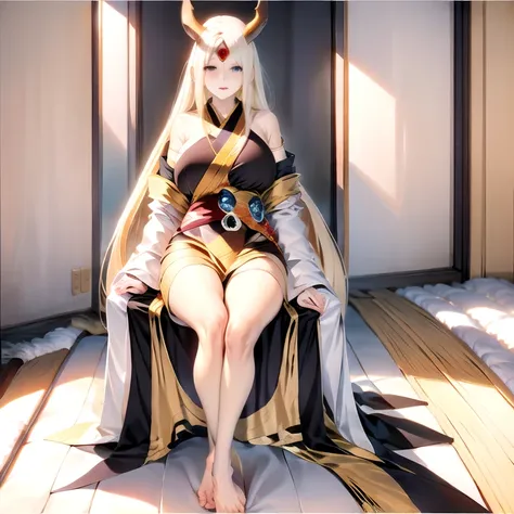 kaguya otsutsuki sitting down , gold hair, golden horns, blue eyes (tenseigan), gold third eye