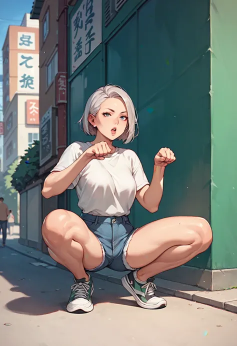 score_9,score_8_up,score_7_up,score_6_up,score_5_up,1girl, solo, silver hair, squatting, public, street, legs spread, paw pose