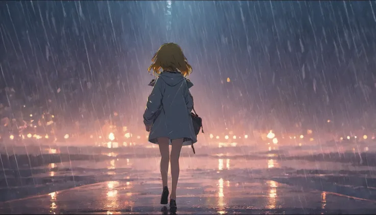 Sad girl walking in the rain