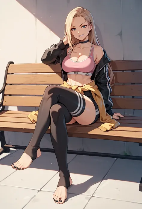 score_9,score_8_up,score_7_up,score_6_up,score_5_up,1girl, toes, sitting, toenails, toeless legwear, feet, crossed legs, toenail polish, long hair, lothes around waist, smile, looking at viewer, bench, black thighhighs, cleavage, smirk, underwear, sports b...