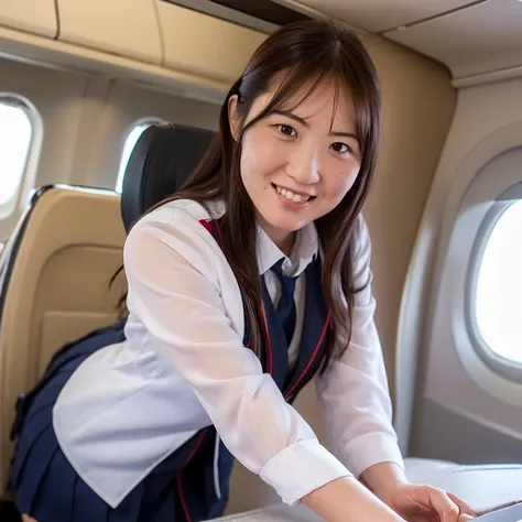 (highest quality,masterpiece:1.3,ultra high resolution),(Super detailed,caustics,8k),(photorealistic:1.4,RAW shooting),25 years old,Japanese,cute,stewardess uniform,black long hair,tights,smile and look down at the camera,big ,Are standing,inside the plane...