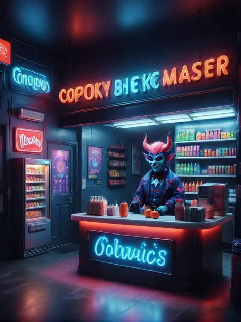 (1Cute Devil Clerk)，(Spooky midnight convenience store:1.6)，Arrange the goods，Thick fog pervades，Neon lights，Detailed convenience store interior，Mood lighting，Gloomy tones，dramatic shadows，Stand behind the counter，dark fantasy，fear，highest quality，8k，high ...