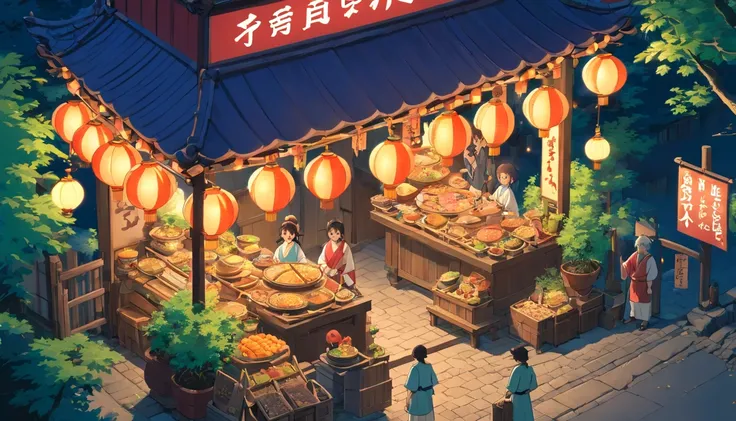 (High quality images)、(detailed images)、(((isometric art)))、(night)、(Traditional Japanese Festival)、There are many、Opening a store、stall、Mikoshi