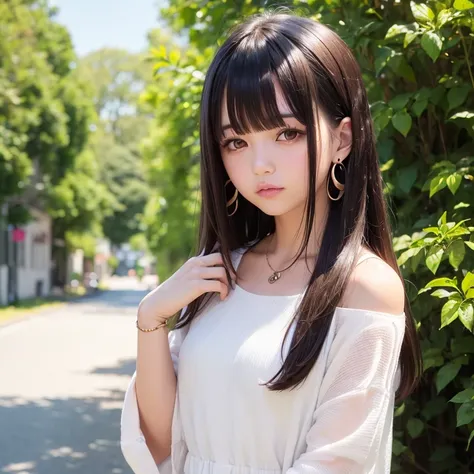 1girl, bangs, black eyes, blunt bangs, brown hair, building, closed mouth, earrings, jewelry, long hair, looking at viewer, off shoulder, outdoors, plant, shirt, solo, upper body, white shirt