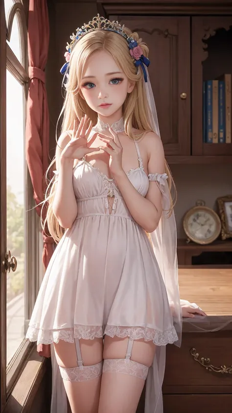 highest quality,very detailed,masterpiece,Super detailed,figure,blonde hair ,hair ornaments,stand,indoor,Unbelievably_disorganized,1 girl,Medium chest,blush your nose ,realistic,long hair,summer_dress,garter strap,beautiful girl,sv98 waving