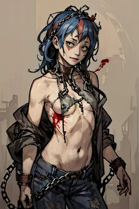 ,highest quality, High resolution,(Background made up of chains and ruins),Cute zombie girl、Splattering blood、amusement park、small eyes、（flat chest）, Odd colored hair, realistic, masterpiece, super detailed, realistic, beautiful、A lot of chains wrapped aro...