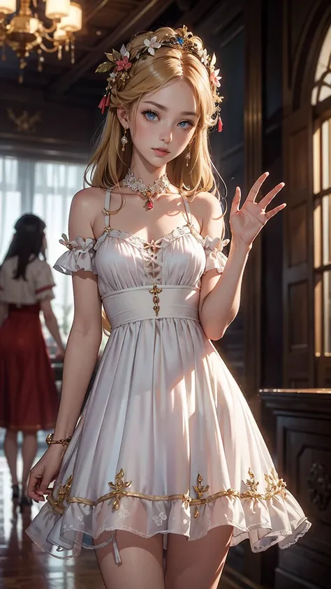 highest quality,very detailed,masterpiece,Super detailed,figure,blonde hair ,hair ornaments,stand,indoor,Unbelievably_disorganized,1 girl,Medium chest,blush your nose ,realistic,long hair,summer_dress,garter strap,beautiful girl,sv98 waving