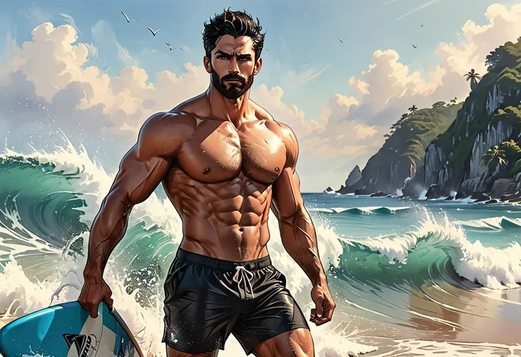 a male surfer walking with a surfboard holding it in his hands comes out of the water, behind the ocean waves are higher than his head, on a tropical island in the middle of the ocean, Man, Adult, Italian, Mesomorph fitness body, perfect realistic Olive sk...