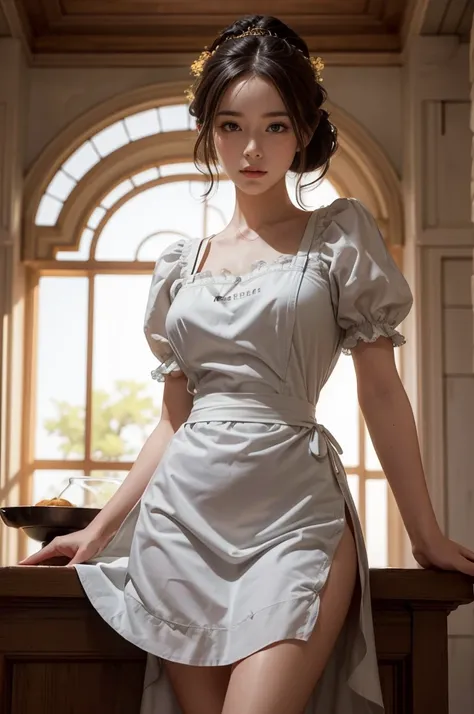 ((highest quality: 1.4)), (an unparalleled masterpiece), (ultra high resolution), (Ultra-realistic 8k cg), (cowboy shot), (super detailed), (maid ), (Art by Jean-Baptiste Monge), highly detailed maid clothes, half_apron , Amazingly realistic and beautiful ...