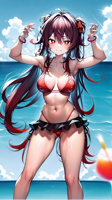 Hutao on a beach with a bikini on