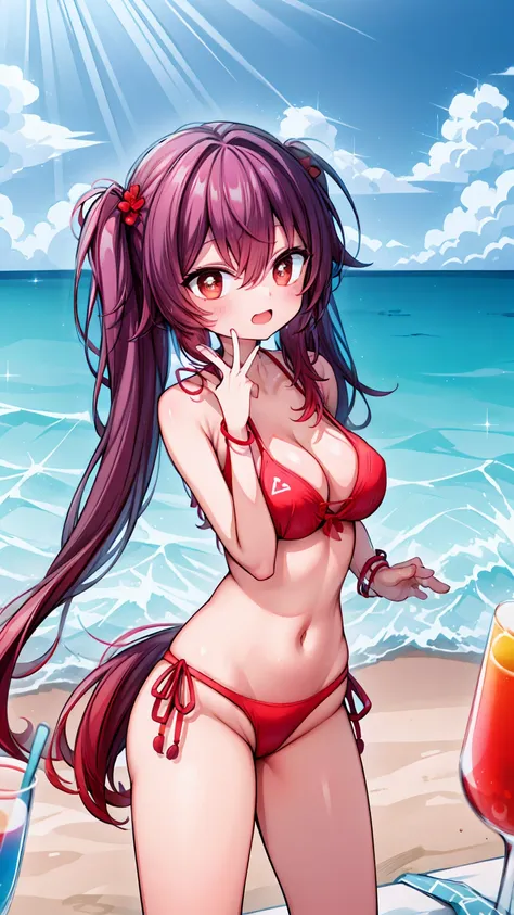 Hutao on a beach with a bikini on