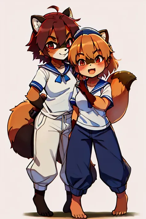 2 females, fox and raccoon, Furry, beastman, animal hair, tail, sailor suit, short sleeve, Jersey pants, long pants, gloves, barefoot