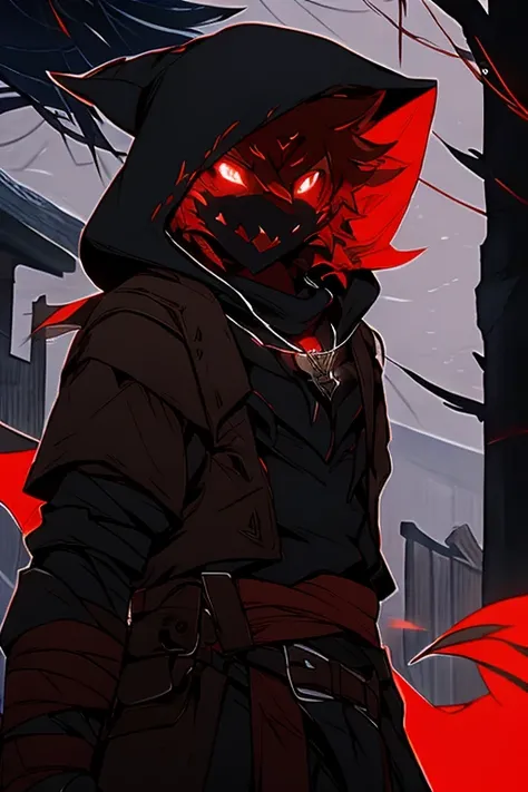 nijistyle, cowboy shot of demon hunter, hood up, faceless,  glowing red eyes, torn brown coat, pauldrons, black vest, red scarf, bandages, pendant, fantasy, night, dark atmosphere